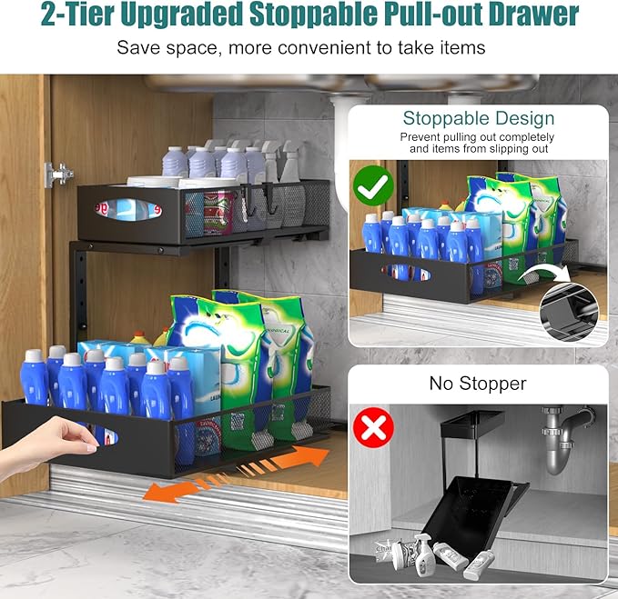 Housolution 2 Pack Large Under Sink Organizer, 2 Tier Metal Pull Out Under Sink Storage with Sliding Mesh Drawers, Height Adjustable Slide Out Under Cabinet Organizer for Kitchen Bathroom, Black