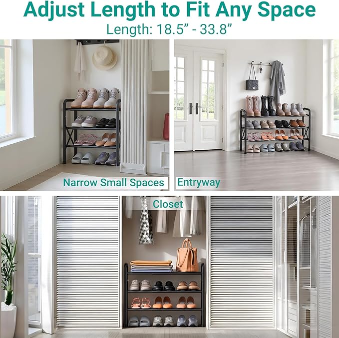 3-Tier Expandable Shoe Rack for Closet Floor, X-Frame Metal Small Shoe Rack for Entryway, Adjustable Shoe Shelf Organizer, Free Standing Shoe Racks for Front Door Entrance, Garage - Black