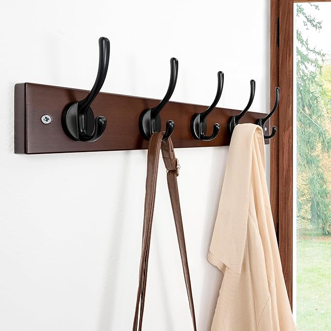 Dseap Wall Mounted Coat Rack: 16" Hole to Hole, Coat Hook Hanger with 5 Metal Hooks for Hanging Coats Towels Hats Clothes,Light Walnult