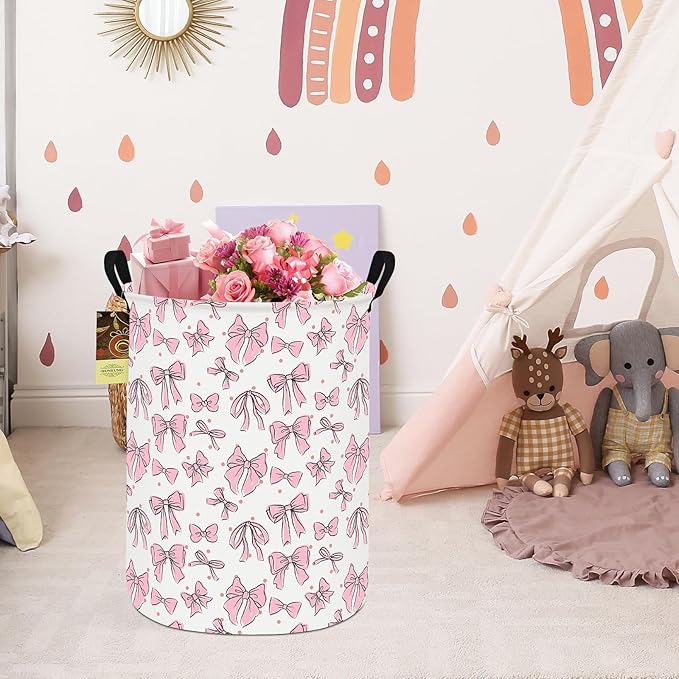 HUNRUNG Laundry Hamper,Large Canvas Fabric Lightweight Storage Basket Toy Organizer Dirty Clothes Collapsible Waterproof for College Dormsï¼Round-Pink Bowï¼