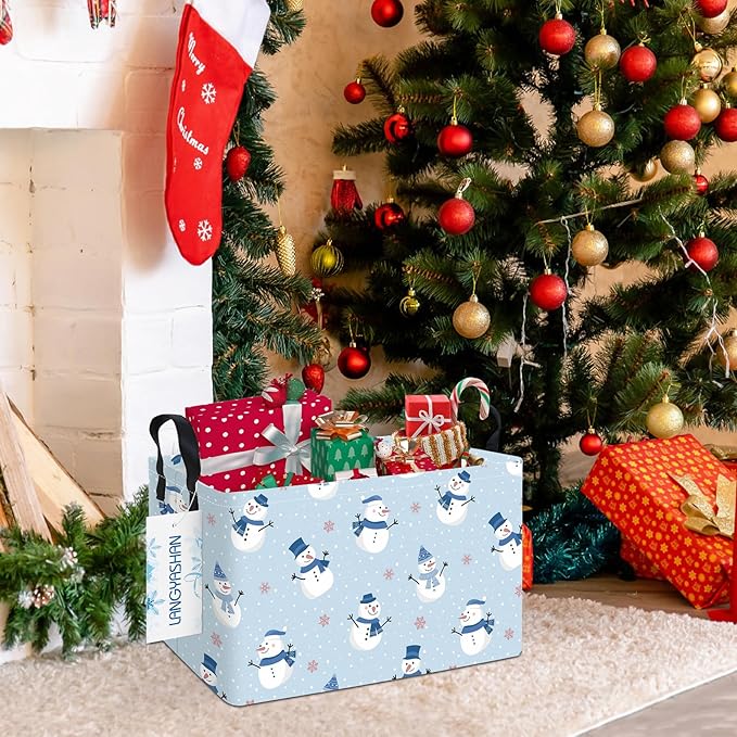 LANGYASHAN Rectangular Christmas Snowman Storage Basket with Handles for Organizing Home Kitchen Boys and Girls Toys Office Closet Shelf Baskets (Rec Christmas Snowman)