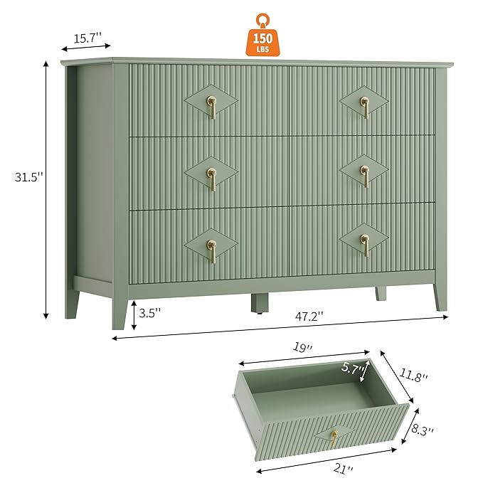 GarveeHome Fluted Dresser for Bedroom, 47.2 Inch Wide 6-Drawer Wood Dresser, Modern Chest of Drawers, Storage Organizer Cabinet for Living Room, Hallway, Entryway, Green
