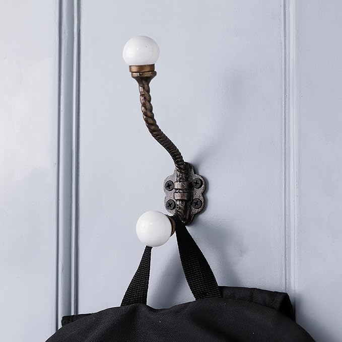 Indian Shelf 6 Pieces Heavy Duty Double Prong White Decorative Coat Hooks Unique Coat Rack Wall Mount Ceramic Wall Hooks for Hanging Towel Holder Backpack Purse Hanger- Style 7