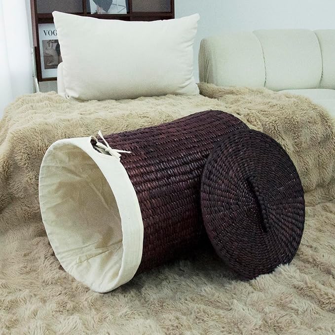Hand-Woven Wicker Laundry Basket with Lid, 20 Gal (75 L) Large Laundry Hamper with Removable Liner for Laundry Room and Home Decor, Artisan Dark Coffee (21"H x 15.7"D)
