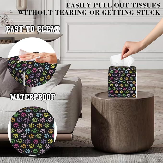 Tissue Box Holder Colorful Paw Prints Square Leather Tissue Box Cover Modern Cube Facial Paper Cover Case for Bathroom Vanity Countertop Night Stands Tabletop