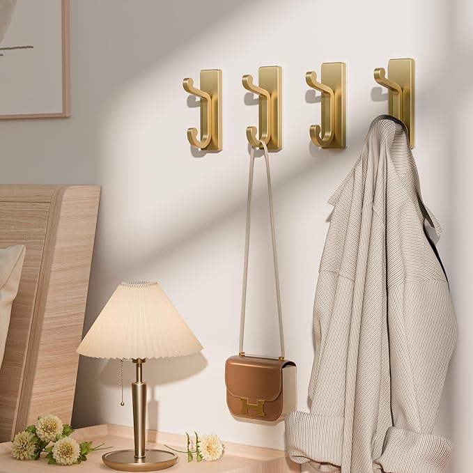 4 Pack Self Adhesive Wall Hooks for Coats - Stainless Heavy Duty Double Hook for Clothes, Towel, Keys, Purse, Backpack, Bag, Hat, Gold Coat Hook for Door, Bathroom, Bedroom, Holds 13Lbs.