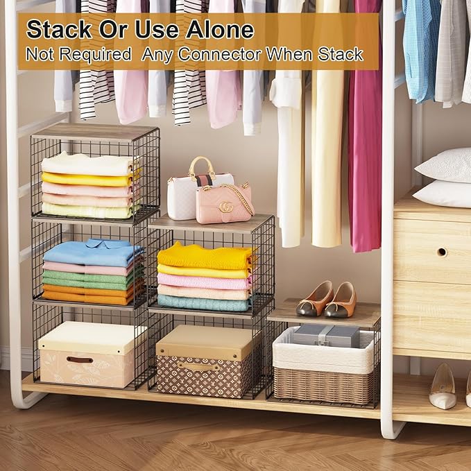 Widened & Heightened Closet Organizers And Storage Shelves With Top Board, Set of 3 Stackable Closet Shelf Organizer Storage Bin Basket For Clothes Sweaters,Space-saving, Sturdy,Wider Higher Size