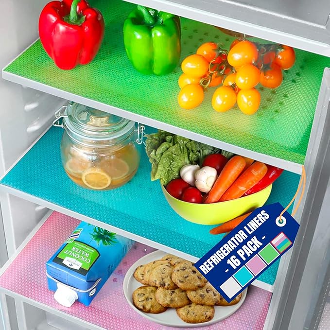 Refrigerator Liners for Shelves (16 Pack) by Linda’s Essentials - Non-Adhesive Shelf or Drawer Liner, BPA-Free Fridge Mats for Kitchen & Cabinets, Easy to Clean, Ideal Household Essentials(MultiColor)