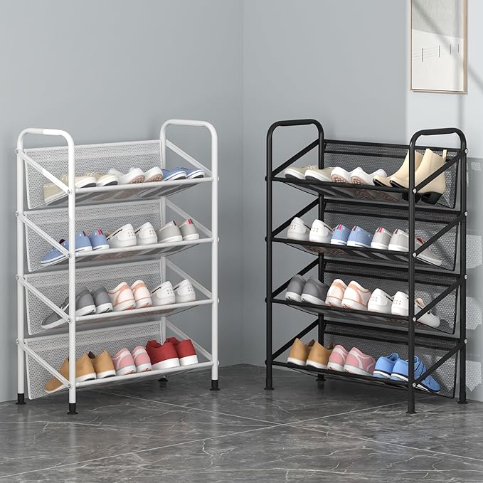 4 Tier Shoe Rack for Closet Mesh Fabric Metal Shoe Racks, Small Shoe Storage Organizer Shelf for Entryway, Hallway, Dorm Room (White, Wider 4 Tier)