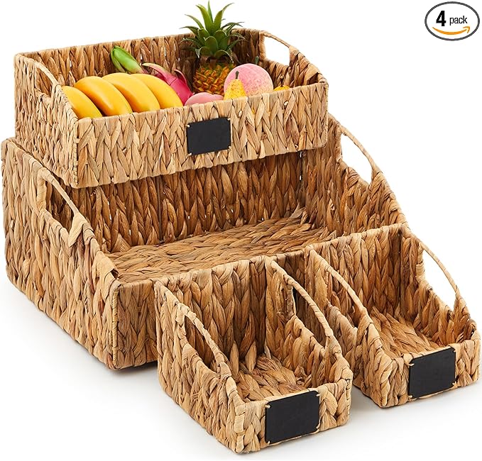 4 Pcs Water Hyacinth Storage Basket Set Wicker Rattan Pantry Basket with Chalkboard Label Handles Woven Container Kitchen Laundry Large Small for Shelves Food Home Bathroom Decor