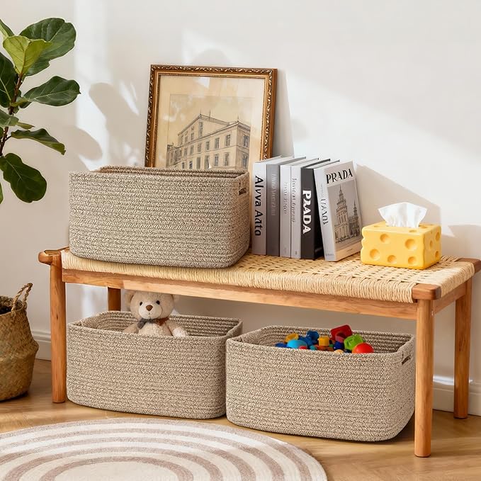 2 Pack Large Storage Basket for Organizing, 17"x12"x7.5" Woven Basket for Shelves, Closet Cube Storage Bins with Wrapped Handle, Cotton Rope Baskets for Kitchen, Clothes, Toys (Natural)