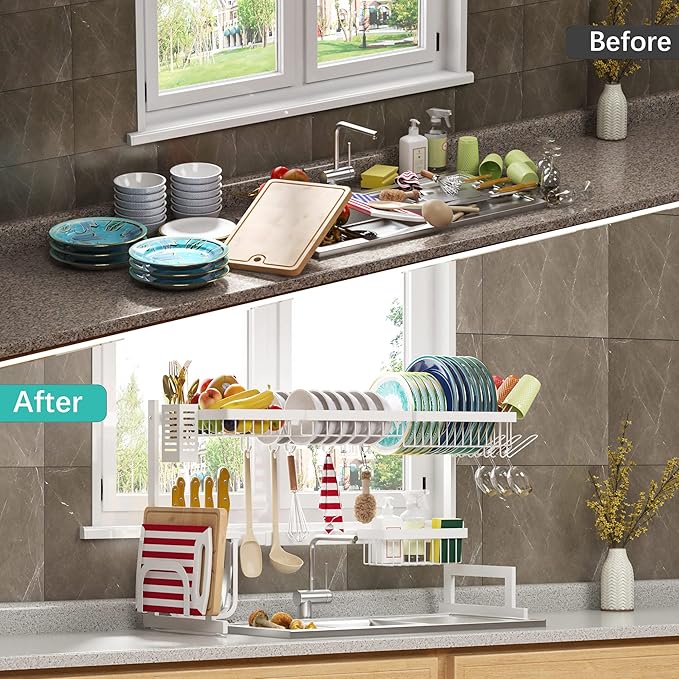 PUSDON Over Sink Dish Drying Rack Stainless Steel, Adjustable Large Dish Drainer for Storage Kitchen Organization White 2 Tier - Standard(26"-38")