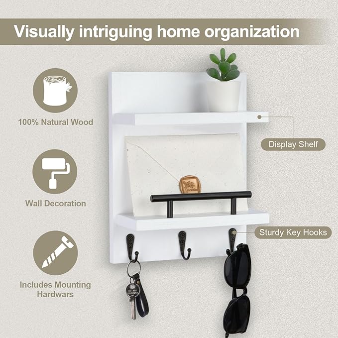Key Holder Wall Mount, Mail Shelf Decor with 3 Key Hooks, Versatile Wood Wall Organizer for Entryway Hallway (8.2” x 10.6”x 3.6”) (White)