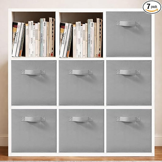 11 Inch Fabric Storage Bins, Storage Cubes, Collapsible Cube Storage Box, Fabric Closet Organizers with Handle for Home, Office, Shelf, Closets, Bedroom, Living Room, Grey, 7 Pack