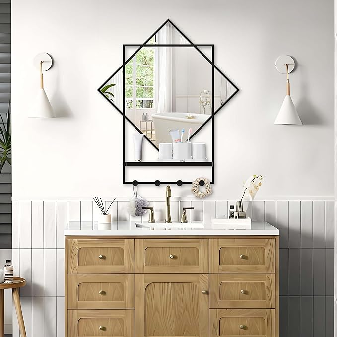 WONSTART Black Entryway Mirror with Hooks, 26" X 30" Wall Mirror with Hooks, Bathroom Mirror with Shelf, Rectangular Framed Wall Mirror with Shelf and Hooks