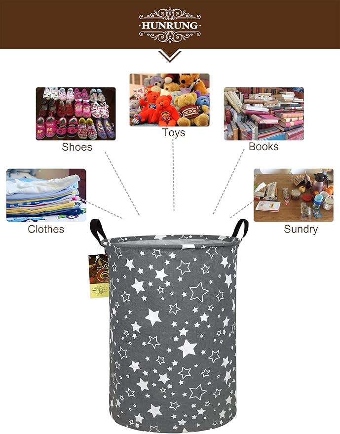 HUNRUNG Laundry Hamper,Large Canvas Fabric Lightweight Storage Basket Toy Organizer Dirty Clothes Collapsible Waterproof for College Dorms, Children Bedroom,Bathroomï¼Round starï¼