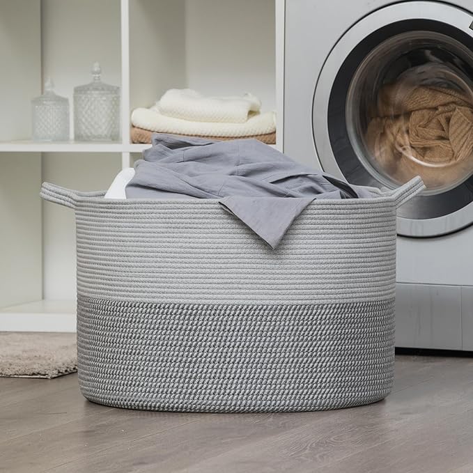 XXXLarge Woven Cotton Rope Basket (21.7" x 13.8") 90L – Blanket Basket for Living Room, Laundry Hamper, Baby Laundry Hamper, Toy Storage, Pillows & Cushions Organizer (Mixed Grey)
