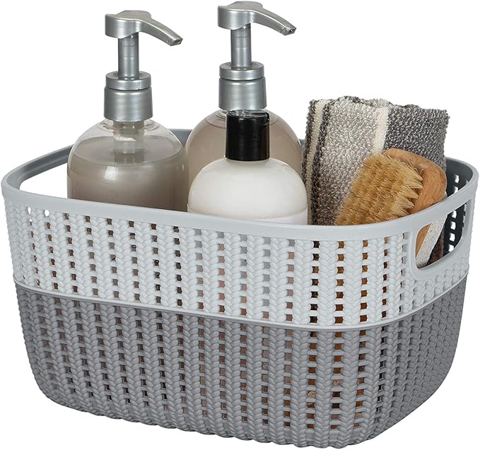 Simplify 4 Pack 2 Tone Sailor Knot Plastic Storage Tote | Decorative Basket | Closet Organization | De-clutter | Accessories | Toys | Bathroom Organization | Medium | Grey/Grey