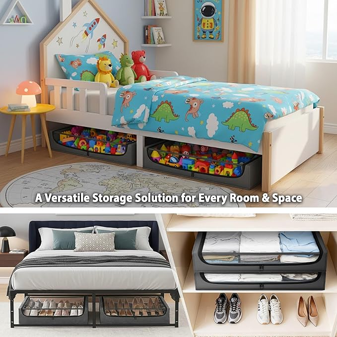 Under Bed Storage with Wheels, XXL Under Bed Drawers, Rolling Metal Drawer for Shoes, Clothes, Books, Toys, Under Bed Organizer with Clear Lids for Dorm Room, Bedroom, Kids Room, 2 Pack