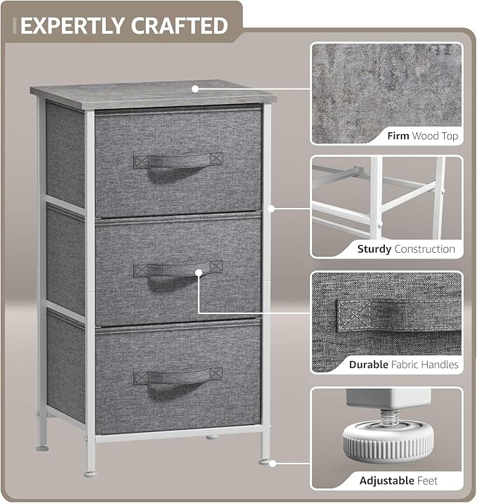 Sorbus Nightstand with 3 Drawers - Bedside Furniture & Night Stand End Table Dresser with Steel Frame, Wood Top, Easy Pull Fabric Bins for Home, Bedroom Accessories, Office & Dorm