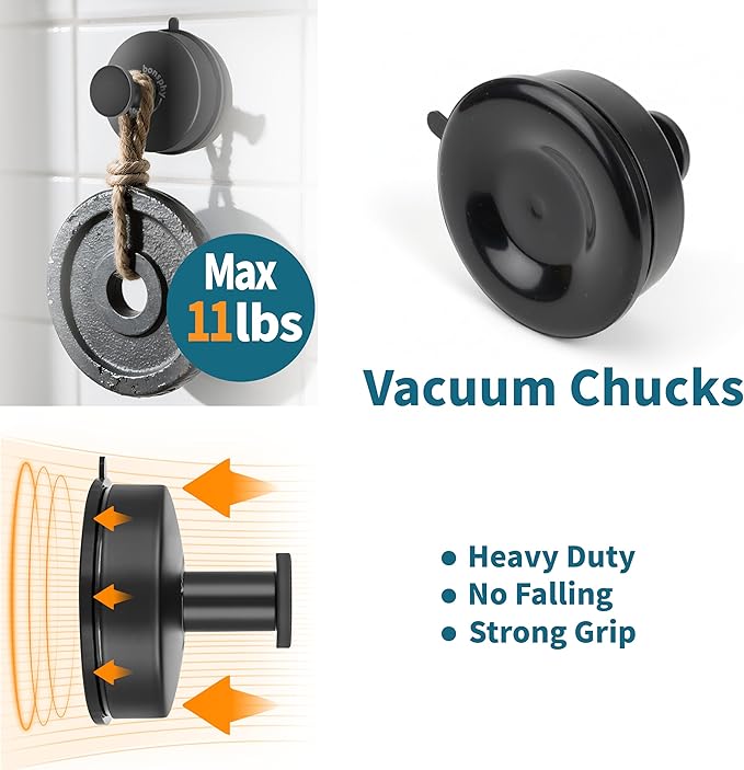 Suction Cup Hooks for Shower Heavy Duty, Black Towel Hangers for Bathrooms/Shower/Door/Glass Window/Tile, Hooks for Walls No Damage Hanging Robe Bath/Loofah/Coat/Wreath - Removable, 2 Pack