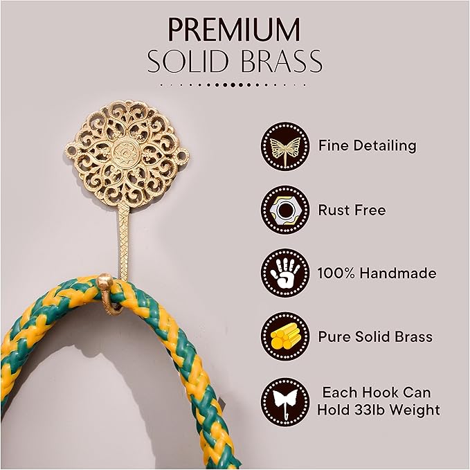 Indian Shelf Pack of 3 Handcrafted Brass Filigree Heavy Duty Decorative Vintage Key Holder, Key Wall Hooks for Hanging Coats, Jackets, Leash, Hat, Towel, Backpack, Purse, Handbag Wall Holders[Golden]
