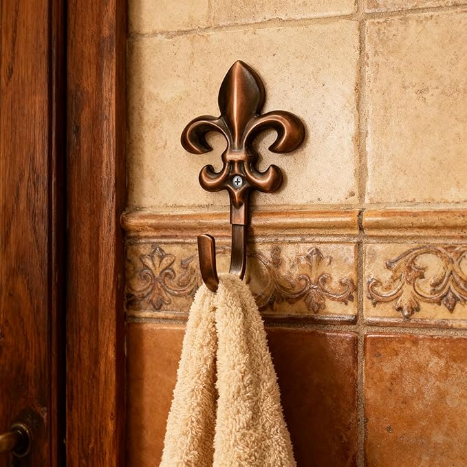 Wall Hooks, 4 Pack Decorative French Fleur De Lis Metal Hooks for Coat, Towel, Curtain Tie Back, Robe, Bag, Heavy Duty Gold Bronze Finish for Bathroom, Bedroom, Entryway(Red Ancient)