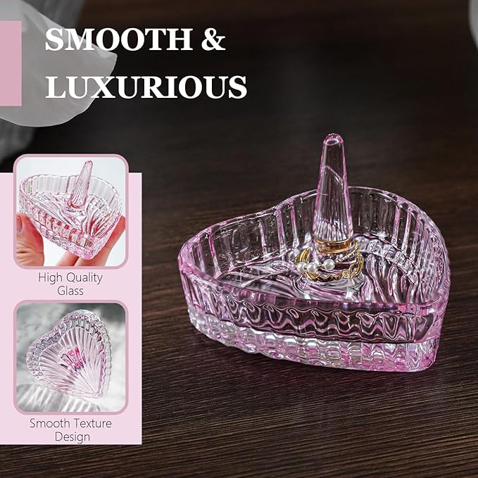 kanpura Crystal Pink Ring Holder Heart Shaped Ring Holder Dish, Jewelry Trinket Tray Wedding Birthday Christmas Gift for Women