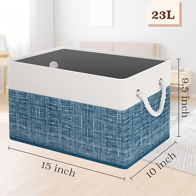 Storage Bin,Collapsible Storage Basket For Organizing,Large Storage Boxes With Rope Handles,Storage Containers,White & Blue,2 Pack