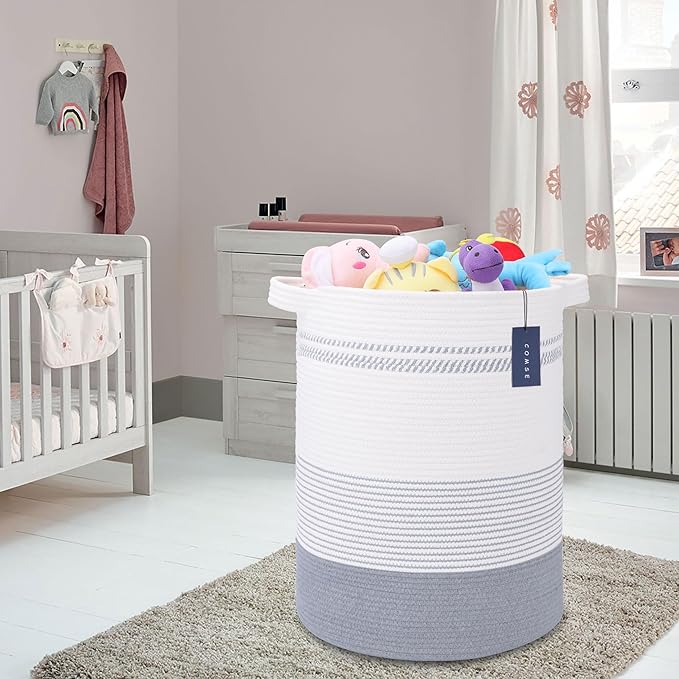 COMSE Extra Large Blanket Basket, Tall Laundry Basket, Nursery Hamper, 15.7âx 21.7â, Cotton Rope Woven Laundry Hamper for Storage Toys Clothes Towels, Light Gray & White