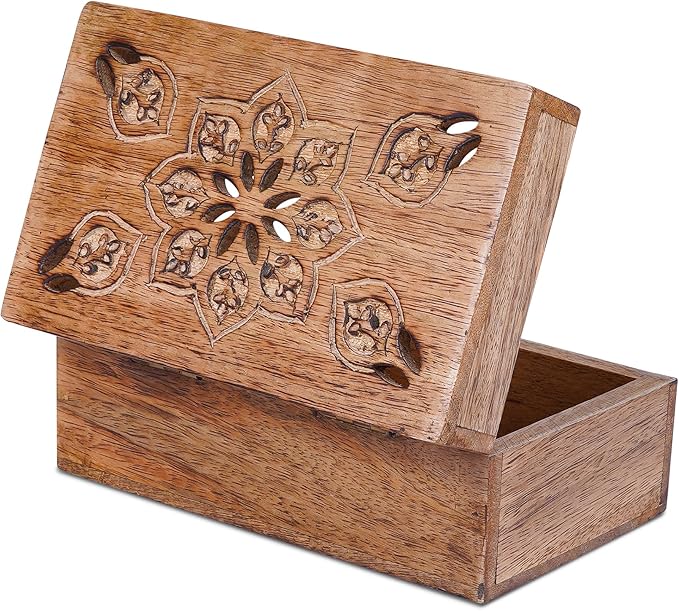 Mela Artisans Wooden Keepsake Box | Burnt Mango Wood Memory | Photo Storage Box with Hinged Lid | Decorative Storage Box | Extra Large | 10.5x7.5x4 Inch
