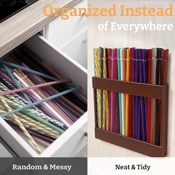 9.5” Large Acrylic Straw Holder for Cabinet Door with Detachable Ultra Sticky Adhesive Squares and Stickers, 2026 Reusable Straws Organizer Storage Dispenser for Kitchen Counter Cupboard