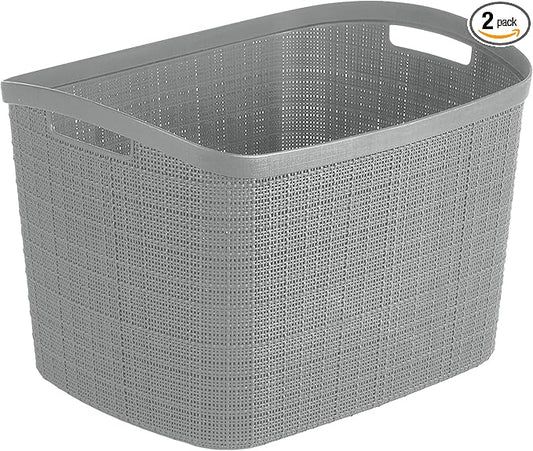 Curver Set of 2 XL 30.5 L Jute Decorative Plastic Organization and Storage Baskets - Perfect Bins for Home Office, Closet Shelves, Kitchen Pantry and All Bedroom Essentials, Grey