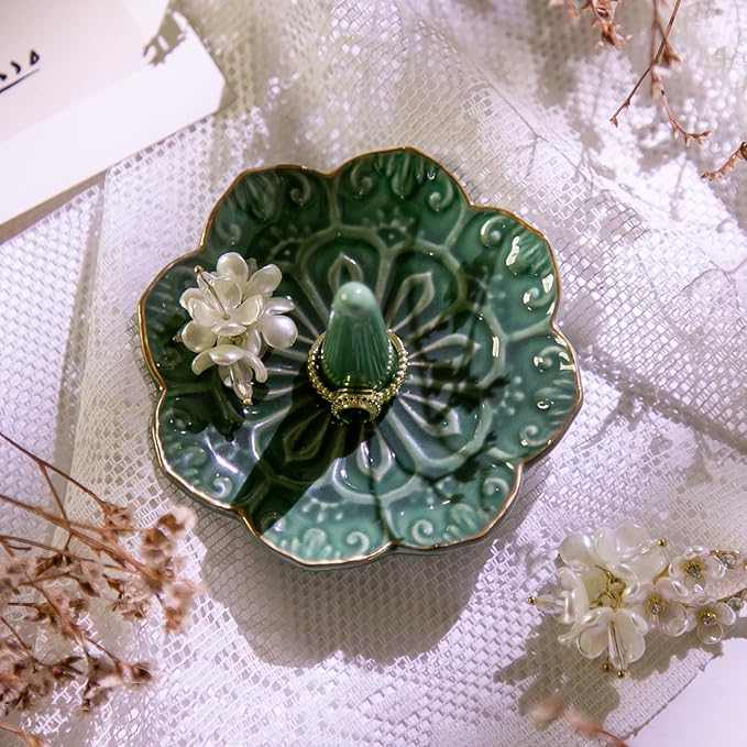 HOMEGOAL Ceramic Ring Holder Dish for Jewelry, Decorative Mandala Jewelry Tray for Rings Earrings Necklaces Watch Keys, Aesthetic Room Decor, Birthday Engagement Wedding Gifts for Women (Green)