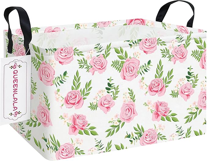 QUEENLALA Rectangular Laundry Hamper/Foldable Nursery Laundry Basket for Organizing/Storage Bin Baskets/Children Toy Office Bedroom/Toy Bin Closet Shelf Baskets (Rec-Pink roses)