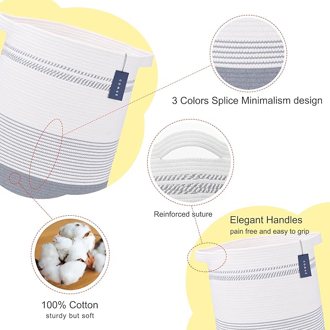 COMSE Extra Large Blanket Basket, Tall Laundry Basket, Nursery Hamper, 15.7âx 21.7â, Cotton Rope Woven Laundry Hamper for Storage Toys Clothes Towels, Light Gray & White