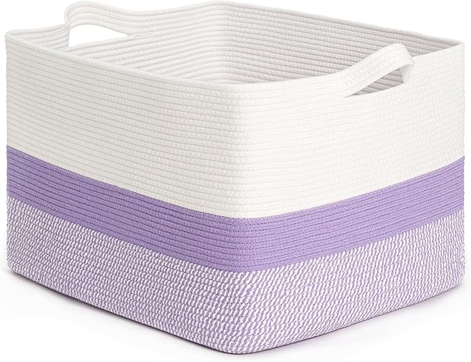 CLHMILY&Z Stylish Square Cotton Rope Storage Basket (Purple & White, 85L)