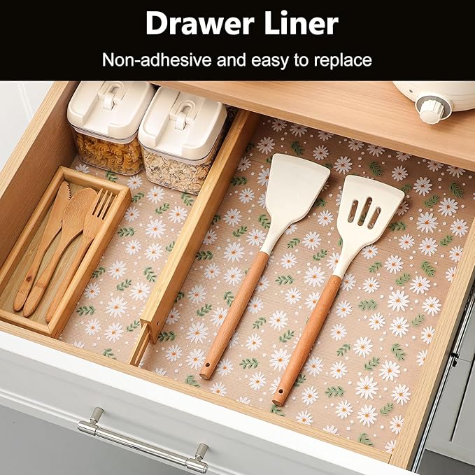 INNOLITES Shelf Liner for Cabinets, Non-Adhesive for Kitchen Drawer Liner, Waterproof Shelf Paper with Floral Pattern, Durable Easy to Clean (Green Daisy, 23.6" x 240")