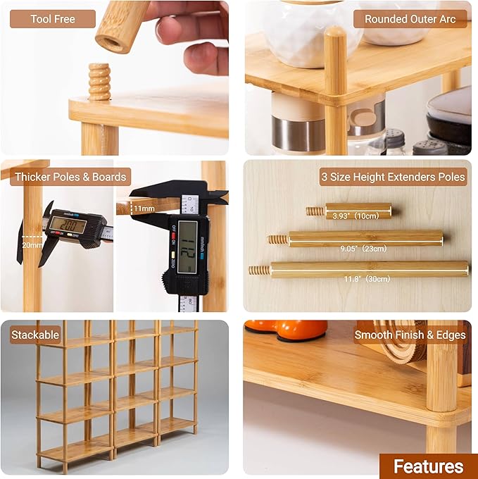 2-Tier Expandable Bamboo Desktop Organizer Shelf Kitchen Cabinet and Counter Riser Display Shelf for Top of Desk Home Office Bathroom Coffee Table Display Stand