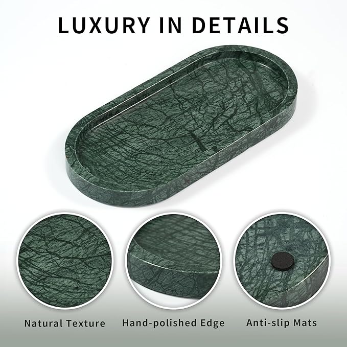 Green Marble Oval Tray - Stone Decorative Perfume Trinket Jewelry Dish, Catchall Organizer for Bathroom Vanity Dresser Kitchen Countertop Home Decor