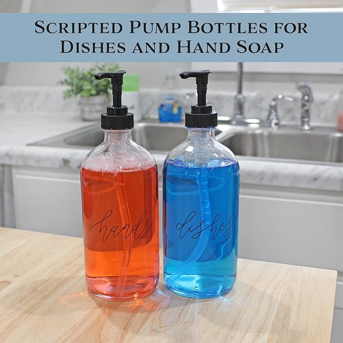 Cornucopia Brands 16oz Hands Dishes Pump Bottles (Clear, Set of 2); Pump Dispensers for Kitchen and Home