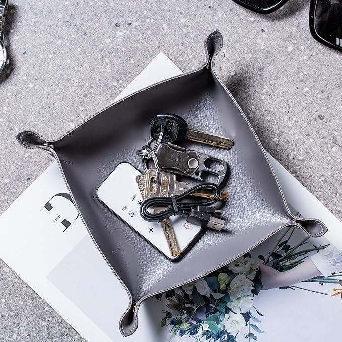 SANQIANWAN Leather Jewelry Valet Tray for Women and Man, Portable Entryway Table Tray Bedside Nightstand Desk Tray Small Catchall Travel Dish Plate for Key,Wallet,Watch,Coin (Deep Grey-B)