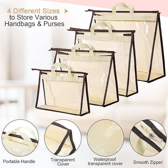 16 Pack Clear Handbag Storage Organizer and 16 Stainless Steel S-Hooks Anti-dust Purse Storage Bags with Zipper and Handle Moisture Proof Dust Cover Organizer Bags for Closet Hanging, 4 Assorted Sizes