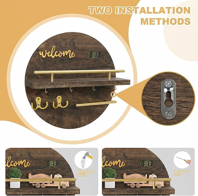 Key Holder for Wall, Key and Mail Holder Organizer with - Key Holder Wall Mount - Round Wooden Rustic Home Decor for Entryway, Mudroom, Hallway, Kitchen Office (Brown&Gold)