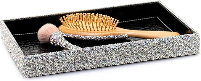 TISHAA Bling Decorative Tray Holder â Makeup Cosmetic Jewelry Ring Key Display Dish Plate Storage Organizer Crystal Rhinestone Glitter Vanity Bathroom Bedroom Home Decor (White)