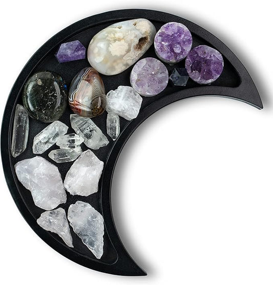 Black Moon Crystal Display Tray - Gothic Wooden Altar Tray 10.5" x 5" for Crystals and Stones Storage - Solid Wood Jewelry Organizer Dish - Spiritual Decor