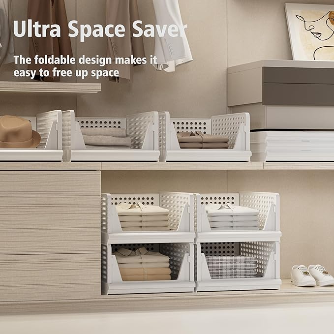 Proarea 5 Pack Stackable Storage Bins, Foldable Closet Organizer Baskets, Plastic Drawer Bins for Closet Organization, Wardrobe Shelf, Laundry Room, White