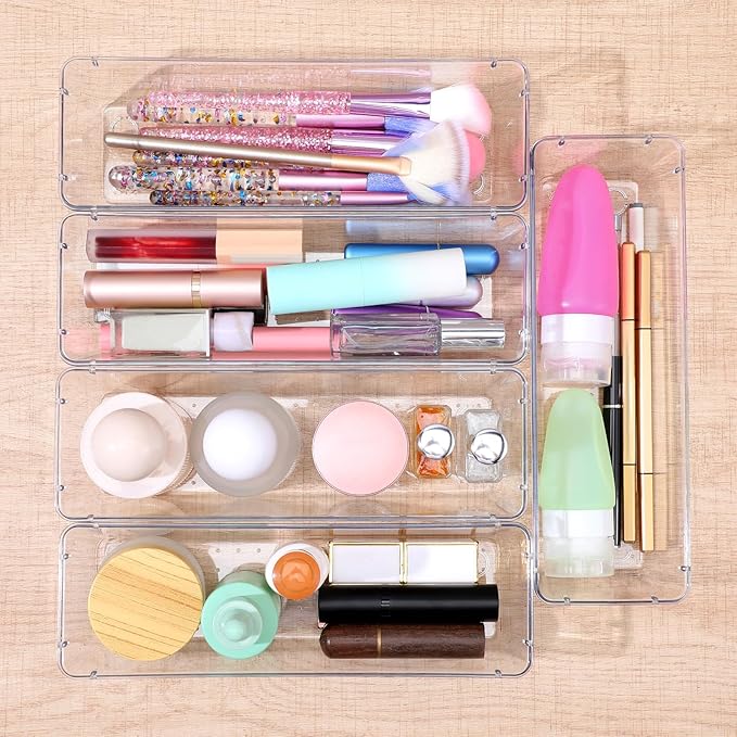 12 Pack Clear Drawer Organizers, Clear Organizer Bins for Drawers, Drawer Organizer Bins - 9 x 3 x 2.2 Inches PET Plastic Storage Trays for Kitchen, Bathroom, Office & Vanity