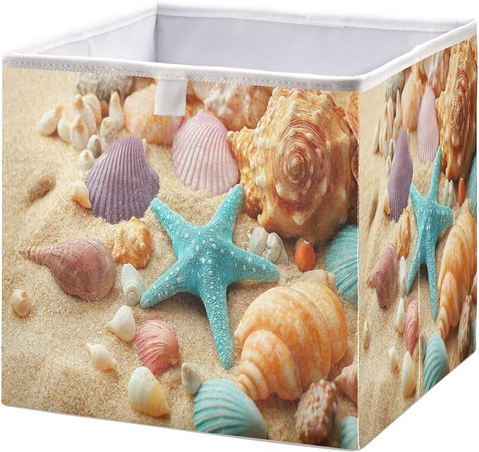 Blueangle Shells on Summer Beach Cube Storage Bin, 11 x 11 x 11 in, Large Collapsible Organizer Storage Basket for Home Décor