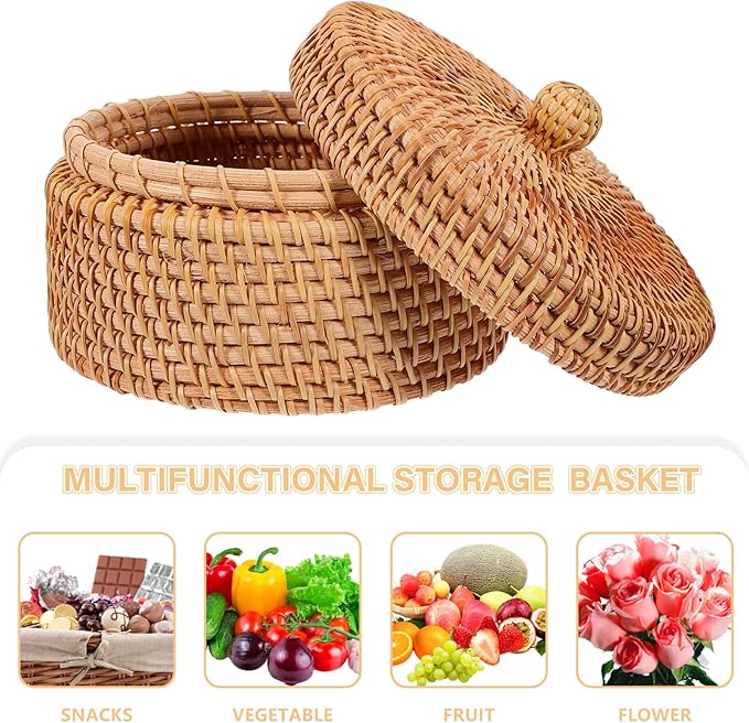 STOBAZA Vintage Rattan Storage Box with Lid Small Woven Basket 5.59X5.51X3.07 Inch for Desktop Organization Kitchen Bathroom Sundries Holder